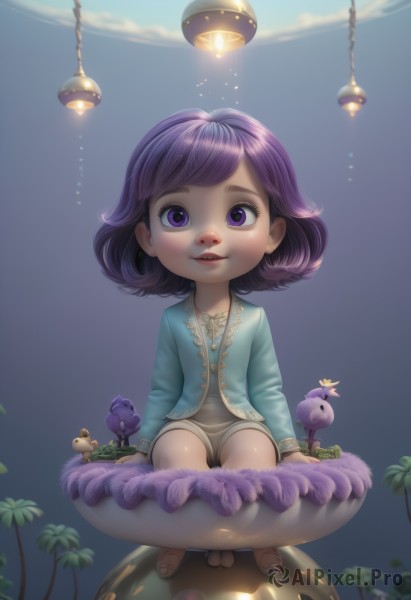 1girl,solo,looking at viewer,smile,short hair,bangs,long sleeves,dress,sitting,purple eyes,full body,purple hair,parted lips,sky,shorts,artist name,tree,lips,bird,sandals,child,female child,mushroom,light bulb,open mouth,jewelry,flower,barefoot,teeth,necklace,eyelashes,watermark,web address,realistic,nose,flipped hair