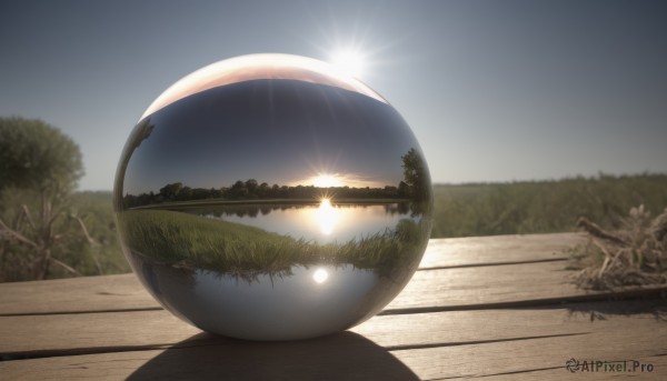 outdoors,sky,day,cloud,blurry,tree,no humans,sunlight,grass,nature,scenery,reflection,sunset,sun,blue sky,lens flare,mirror,bench