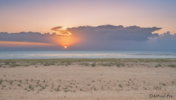 outdoors,sky,cloud,water,no humans,ocean,beach,sunlight,cloudy sky,grass,nature,scenery,sunset,mountain,sand,sun,horizon,field,landscape,shore,orange sky,hill,lens flare