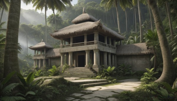 outdoors,sky,day,tree,no humans,sunlight,grass,plant,building,nature,scenery,forest,rain,stairs,palm tree,bush,shade,architecture,east asian architecture,shrine,cloud,cloudy sky,rock,mountain,pillar,stone lantern