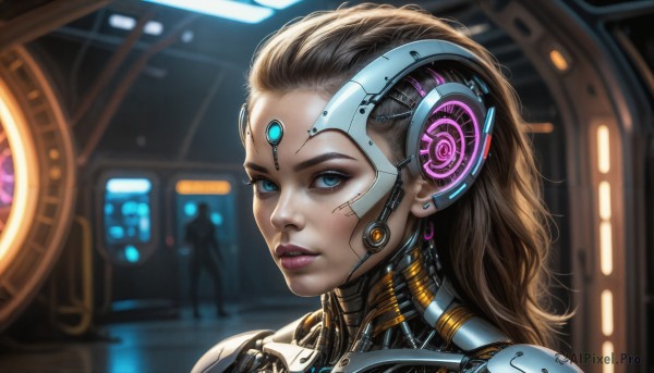 HQ,1girl,solo,long hair,looking at viewer,blue eyes,brown hair,black hair,jewelry,earrings,parted lips,solo focus,blurry,lips,eyelashes,makeup,blurry background,headgear,portrait,eyeshadow,science fiction,realistic,nose,android,cable,forehead jewel,cyborg,cyberpunk,mechanical parts,hologram,blonde hair,upper body,signature,from side,lipstick,close-up,eyeliner,earpiece