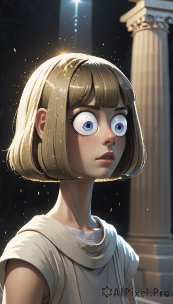 1girl,solo,short hair,bangs,blue eyes,blonde hair,upper body,parted lips,sleeveless,artist name,blunt bangs,lips,eyelashes,sparkle,bob cut,light particles,freckles,wide-eyed,nose,pillar,column,shiny,portrait,light,armpit peek,greek clothes