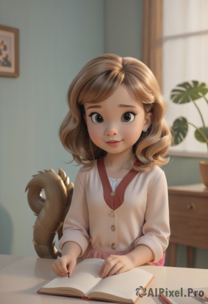 1girl,solo,long hair,looking at viewer,smile,brown hair,shirt,long sleeves,brown eyes,jewelry,sitting,tail,upper body,earrings,indoors,medium hair,nail polish,blurry,lips,book,window,blurry background,chair,table,plant,curtains,child,desk,open book,pen,female child,potted plant,pencil,bangs,skirt,white shirt,parted lips,fingernails,eyelashes,depth of field,aged down,pink skirt,freckles