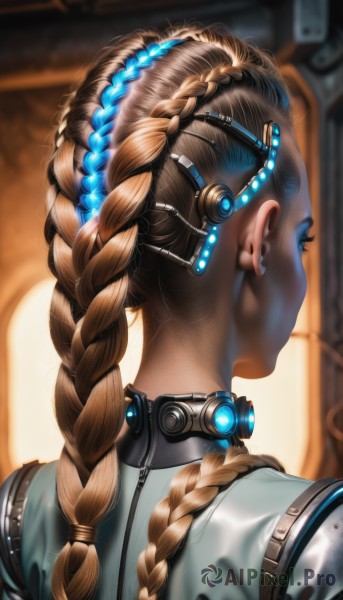 1girl,solo,long hair,blonde hair,brown hair,hair ornament,jewelry,upper body,braid,multicolored hair,earrings,artist name,dark skin,from behind,blurry,twin braids,two-tone hair,lips,eyelashes,single braid,bodysuit,profile,makeup,depth of field,blurry background,headgear,looking away,lipstick,portrait,eyeshadow,zipper,science fiction,braided ponytail,realistic,nose,hair tie,cyborg,hair pulled back,nape,earpiece,multiple braids,blue hair,indoors,signature,dark-skinned female,streaked hair,watermark,back,backlighting,facing away,cable,dreadlocks