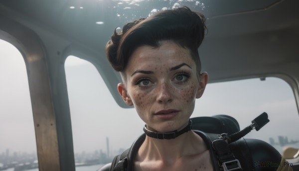 1girl,solo,looking at viewer,short hair,brown hair,black hair,brown eyes,closed mouth,collarbone,parted lips,choker,bag,hair bun,black eyes,collar,lips,backpack,portrait,freckles,reflection,realistic,grey eyes,blood,close-up,wide-eyed,blood on face,strap,dirty,dirty face,car interior