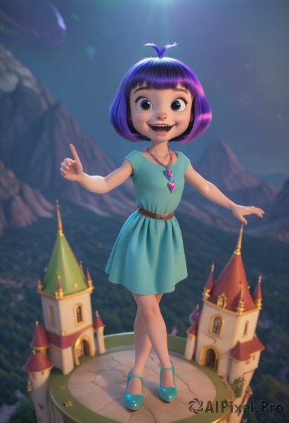 1girl,solo,looking at viewer,smile,short hair,open mouth,bangs,dress,jewelry,standing,full body,purple hair,short sleeves,:d,outdoors,sky,shoes,teeth,day,belt,artist name,signature,blunt bangs,necklace,nail polish,blurry,black eyes,blue sky,fingernails,night,blurry background,blue dress,fangs,sunlight,bob cut,crossed legs,antenna hair,sharp teeth,pointing,gem,child,red nails,index finger raised,pendant,walking,blue footwear,mountain,sun,female child,castle,tower,watson cross,aqua dress,aqua footwear,blue eyes,collarbone,ahoge,heart,flat chest,watermark,grass,web address,no socks,pointing up,heart necklace