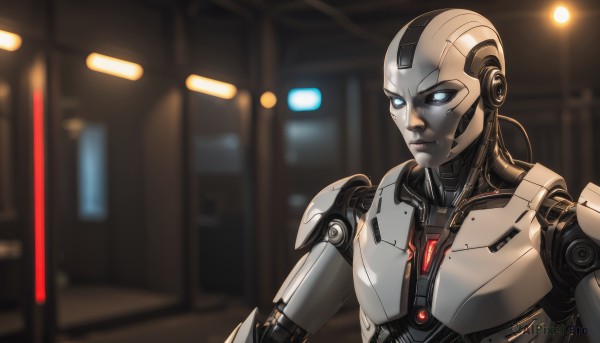 solo,blue eyes,1boy,upper body,male focus,indoors,blurry,blurry background,glowing,robot,mecha,1other,science fiction,realistic,android,joints,cyborg,fake screenshot,robot joints,alien,power armor,lights,cyberpunk,humanoid robot,heads-up display,1girl,looking at viewer,lips,no humans,glowing eyes,cable,bald