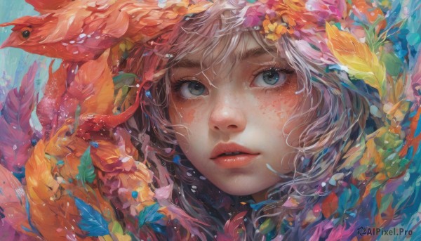 1girl, solo, looking at viewer, blue eyes, flower, parted lips, lips, leaf, portrait, freckles, fish, bubble, underwater, realistic, nose, goldfish