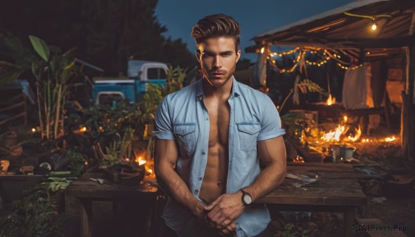 solo,looking at viewer,short hair,brown hair,shirt,1boy,navel,brown eyes,male focus,outdoors,open clothes,tree,cup,open shirt,muscular,night,facial hair,table,fire,blue shirt,plant,ground vehicle,motor vehicle,beard,pocket,watch,realistic,car,wristwatch,breast pocket,manly,burning,closed mouth,sky,uniform,parody,own hands together,night sky,cigarette,police,chest hair,police uniform,arm hair,campfire