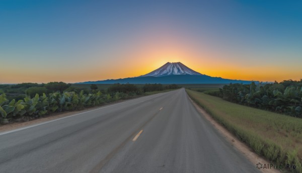 outdoors,sky,day,cloud,tree,blue sky,no humans,grass,plant,nature,scenery,forest,sunset,mountain,horizon,road,landscape,mountainous horizon,path,sunrise,hill,bush,gradient sky,orange sky