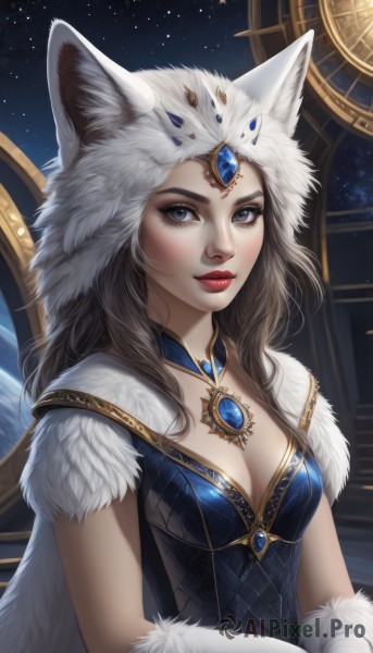 1girl,solo,long hair,breasts,looking at viewer,blue eyes,brown hair,gloves,hat,dress,animal ears,cleavage,jewelry,medium breasts,closed mouth,upper body,sky,artist name,white gloves,signature,cape,lips,grey eyes,fur trim,makeup,lipstick,gem,star (sky),starry sky,nose,red lips,fur,pelt,night,night sky