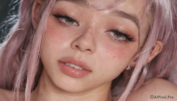 1girl,solo,long hair,looking at viewer,blush,smile,bangs,brown eyes,jewelry,pink hair,earrings,parted lips,teeth,grin,lips,eyelashes,portrait,close-up,freckles,realistic,nose,bare shoulders,makeup,eyeshadow