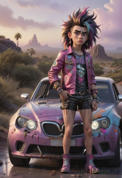 1girl,solo,long hair,looking at viewer,brown hair,shirt,black hair,long sleeves,brown eyes,jewelry,closed mouth,blue hair,standing,collarbone,jacket,full body,pink hair,multicolored hair,earrings,boots,outdoors,open clothes,sky,shoes,shorts,day,belt,artist name,cloud,dark skin,necklace,bracelet,two-tone hair,open jacket,dark-skinned female,tree,lips,streaked hair,torn clothes,black shirt,short shorts,makeup,frown,watermark,black shorts,ring,thick eyebrows,lipstick,ground vehicle,t-shirt,messy hair,sneakers,clothes writing,web address,motor vehicle,buckle,spikes,cross-laced footwear,reflection,sunset,belt buckle,mountain,nose,pink footwear,bangle,ankle boots,car,pink jacket,purple jacket,print shirt,purple footwear,spiked bracelet,vehicle focus,torn shirt,dirty,mountainous horizon,sleeves pushed up,puddle,mascara,dirty face,dirty clothes,sports car,short hair,medium hair,high heels,blood,tattoo,spiked hair,hand in pocket,injury,hands in pockets,broken,studded belt