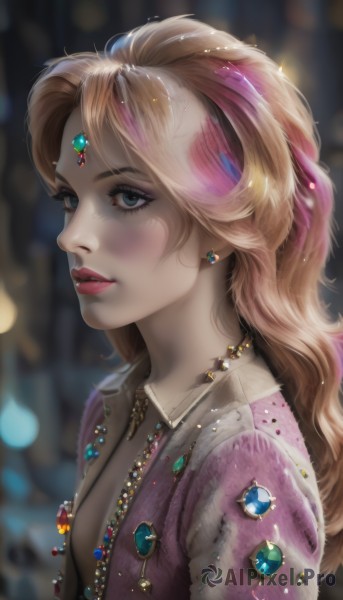 1girl,solo,long hair,breasts,looking at viewer,blue eyes,blonde hair,cleavage,jewelry,closed mouth,upper body,pink hair,multicolored hair,earrings,small breasts,parted lips,open clothes,artist name,necklace,blurry,from side,lips,streaked hair,eyelashes,sparkle,makeup,depth of field,blurry background,lipstick,gem,eyeshadow,freckles,circlet,realistic,nose,red lips,forehead jewel,blue gemstone,mascara,red gemstone,green gemstone,wavy hair,pink lips,bokeh