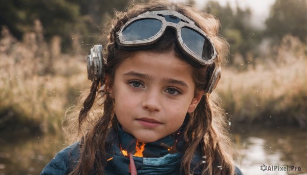 1girl,solo,long hair,looking at viewer,brown hair,brown eyes,jewelry,closed mouth,upper body,earrings,outdoors,scarf,blurry,lips,grey eyes,depth of field,blurry background,headphones,expressionless,goggles,portrait,freckles,curly hair,goggles on head,realistic,nose,pencil