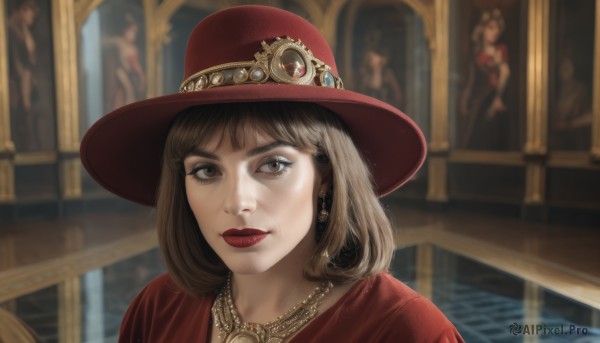 1girl,solo,looking at viewer,short hair,bangs,brown hair,hat,dress,brown eyes,jewelry,closed mouth,upper body,earrings,medium hair,necklace,blurry,lips,makeup,blurry background,red dress,lipstick,portrait,red headwear,freckles,reflection,realistic,nose,red lips,eyelashes,parody,gem,goggles on headwear