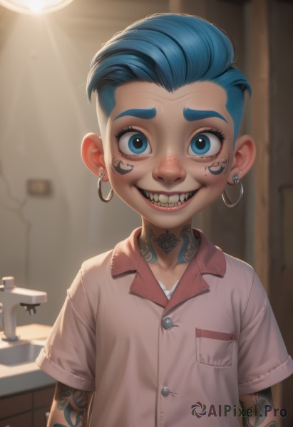 1girl,solo,looking at viewer,smile,short hair,blue eyes,shirt,jewelry,blue hair,white shirt,upper body,short sleeves,earrings,teeth,choker,collared shirt,artist name,indoors,grin,blurry,tattoo,makeup,buttons,facial mark,aged down,child,forehead,freckles,pocket,hoop earrings,female child,breast pocket,arm tattoo,mascara,neck tattoo,collarbone,piercing,thick eyebrows,sharp teeth,ear piercing,pink shirt,mirror,very short hair,shoulder tattoo,sink