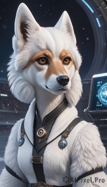 1girl,solo,brown eyes,jewelry,upper body,fang,belt,fur trim,no humans,animal,brooch,gem,furry,science fiction,dog,furry female,fur,fluffy,breasts,looking at viewer,animal ears,closed mouth,small breasts,artist name,necklace,pendant,fur collar,space,white fur,snout