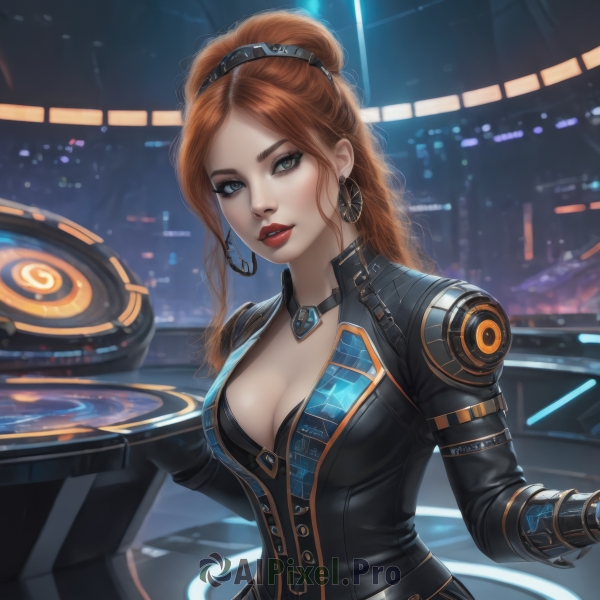 1girl,solo,long hair,breasts,looking at viewer,blue eyes,large breasts,brown hair,gloves,cleavage,jewelry,medium breasts,upper body,ponytail,earrings,parted lips,choker,black gloves,belt,necklace,orange hair,lips,bodysuit,makeup,lipstick,science fiction,red lips,bangs,long sleeves,green eyes,red hair,hairband,artist name,signature,parted bangs,eyelashes,watermark,wavy hair,eyeshadow,realistic,nose,black bodysuit,eyeliner