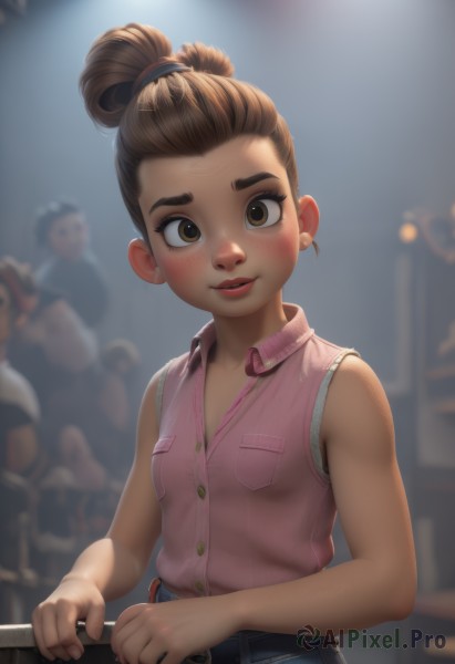 1girl,solo,breasts,looking at viewer,blush,smile,brown hair,shirt,bare shoulders,brown eyes,jewelry,upper body,ponytail,earrings,small breasts,parted lips,multiple boys,sleeveless,solo focus,collared shirt,pants,hair bun,blurry,lips,bare arms,sleeveless shirt,buttons,depth of field,blurry background,single hair bun,thick eyebrows,denim,child,forehead,freckles,pocket,pink shirt,jeans,female child,breast pocket,hair pulled back,belt,vest,partially unbuttoned