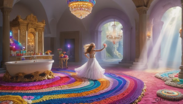 1girl,solo,long hair,brown hair,dress,holding,bare shoulders,jewelry,standing,flower,food,sleeveless,indoors,dark skin,white dress,dark-skinned female,see-through,strapless,rose,table,sunlight,veil,scenery,light rays,mirror,bouquet,wedding dress,candle,sunbeam,pillar,vase,carpet,arch,rug,chandelier,fantasy,magic