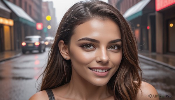 1girl,solo,long hair,looking at viewer,smile,open mouth,brown hair,brown eyes,jewelry,earrings,outdoors,teeth,day,grin,blurry,lips,depth of field,blurry background,piercing,ground vehicle,building,portrait,motor vehicle,forehead,freckles,realistic,nose,car,stud earrings,road,black hair,bare shoulders,collarbone,eyelashes,city,street