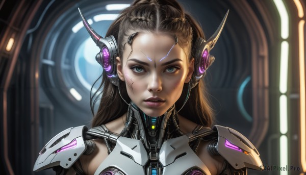 HQ,1girl,solo,long hair,looking at viewer,brown hair,closed mouth,green eyes,upper body,armor,blurry,lips,makeup,blurry background,headgear,facial mark,portrait,forehead,science fiction,realistic,nose,android,cyborg,hair pulled back,cyberpunk,blue eyes,parted lips,bodysuit,expressionless,close-up,freckles,serious