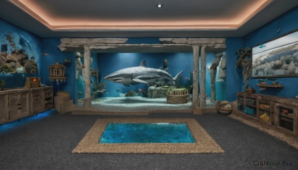 indoors,water,no humans,window,table,box,scenery,fish,stairs,underwater,watercraft,boat,shark,whale,animal,plant,fantasy,statue,dolphin,aquarium