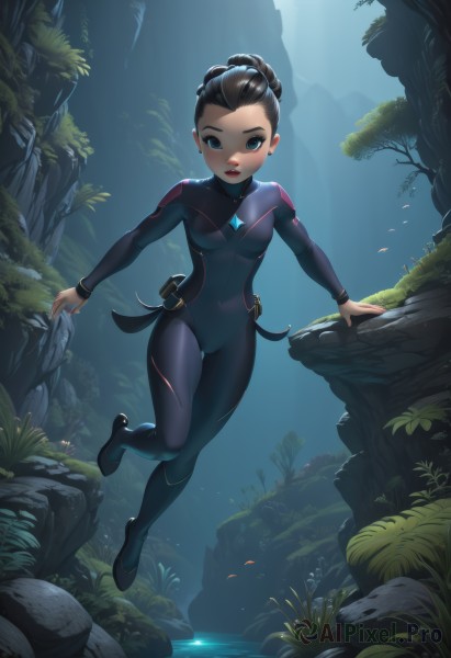 1girl,solo,breasts,looking at viewer,blush,short hair,blue eyes,brown hair,black hair,jewelry,medium breasts,full body,braid,earrings,small breasts,outdoors,parted lips,water,lips,bodysuit,nature,skin tight,forest,pouch,rock,black bodysuit,blue bodysuit,wetsuit,long hair,hair bun,makeup,thigh gap,single hair bun,aged down,lipstick,child,backlighting,freckles,fish,underwater,swimming,coral,seaweed