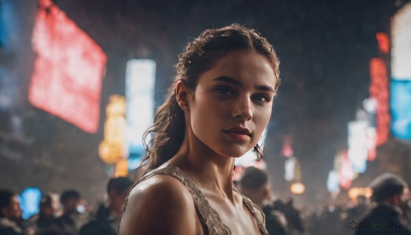 1girl,solo,long hair,looking at viewer,brown hair,dress,bare shoulders,brown eyes,closed mouth,upper body,outdoors,solo focus,dark skin,blurry,dark-skinned female,lips,night,depth of field,blurry background,realistic,nose,crowd,1boy,collarbone,male focus,portrait,light