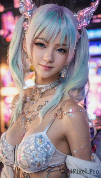 1girl,solo,long hair,breasts,looking at viewer,smile,bangs,blue eyes,cleavage,bare shoulders,twintails,jewelry,medium breasts,closed mouth,underwear,blue hair,swimsuit,upper body,bikini,multicolored hair,earrings,horns,choker,necklace,bra,blurry,lips,eyelashes,aqua hair,blurry background,gem,realistic,hair ornament,collarbone,gradient hair,piercing