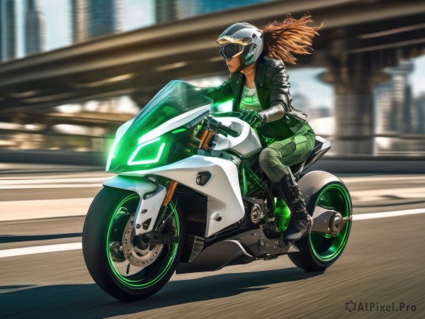 1girl,solo,long hair,brown hair,gloves,jacket,boots,outdoors,open clothes,day,pants,dark skin,black footwear,blurry,open jacket,dark-skinned female,lips,black jacket,floating hair,blurry background,knee boots,helmet,goggles,ground vehicle,motor vehicle,riding,leather,motorcycle,green pants,very dark skin,leather jacket,biker clothes,motorcycle helmet,on motorcycle,breasts,shirt,sitting,full body,black gloves,bodysuit,depth of field,sunglasses,cross-laced footwear,motion blur,lace-up boots,knee pads,camouflage,green gloves,sleeves pushed up,cyberpunk,leather boots,belt boots,bikesuit,combat boots,leather pants,platform boots