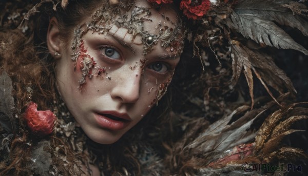 1girl,solo,looking at viewer,brown hair,hair ornament,brown eyes,jewelry,flower,earrings,parted lips,black eyes,lips,grey eyes,eyelashes,makeup,feathers,lipstick,portrait,close-up,freckles,realistic,red lips,blue eyes,hair flower