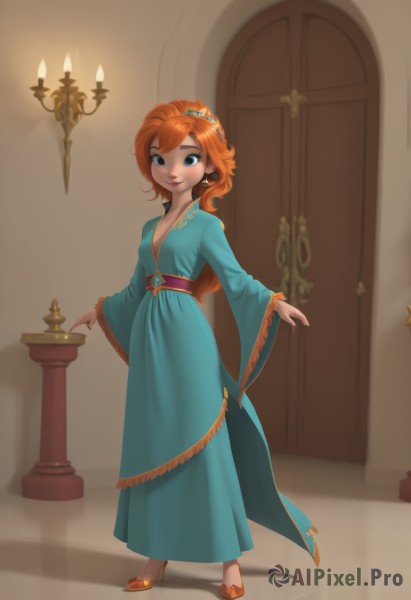 1girl,solo,long hair,breasts,looking at viewer,smile,blue eyes,long sleeves,dress,cleavage,jewelry,standing,full body,ponytail,earrings,small breasts,indoors,wide sleeves,orange hair,high heels,sash,makeup,blue dress,tiara,aged down,crown,door,long dress,candle,orange footwear,aqua dress,red hair,candlestand