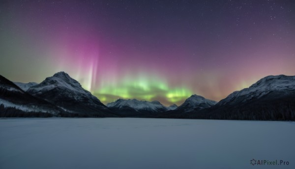 outdoors,sky,water,blurry,tree,no humans,night,star (sky),nature,night sky,scenery,snow,starry sky,reflection,mountain,river,landscape,mountainous horizon,lake,aurora