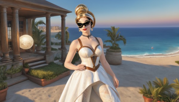 1girl,solo,breasts,looking at viewer,smile,blonde hair,large breasts,dress,cleavage,bare shoulders,jewelry,medium breasts,closed mouth,standing,collarbone,earrings,outdoors,sky,choker,day,water,hair bun,white dress,blue sky,lips,hand on hip,makeup,ocean,beach,moon,single hair bun,sunglasses,plant,lipstick,sand,palm tree,horizon,red lips,potted plant,planet,cactus,coconut,brown hair,official alternate costume,black choker,facing viewer,corset,white pantyhose,black-framed eyewear,hoop earrings,flower pot