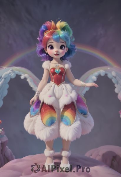 1girl,solo,breasts,looking at viewer,blush,smile,short hair,open mouth,bangs,hair ornament,dress,bare shoulders,jewelry,blue hair,standing,purple eyes,collarbone,full body,purple hair,red hair,multicolored hair,earrings,small breasts,parted lips,wings,shoes,teeth,sleeveless,artist name,necklace,nail polish,black eyes,bracelet,two-tone hair,lips,fur trim,strapless,makeup,red dress,white footwear,crown,lipstick,wristband,gem,strapless dress,multicolored clothes,red lips,candle,rainbow,multicolored dress,fur-trimmed dress,rainbow hair,long hair,blue eyes,blonde hair,pink hair,heart,pantyhose,green hair,watermark,curly hair