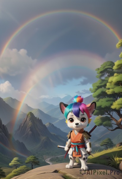 solo,looking at viewer,short hair,bangs,1boy,animal ears,brown eyes,closed mouth,blue hair,standing,tail,full body,weapon,purple hair,short sleeves,male focus,multicolored hair,outdoors,japanese clothes,sky,barefoot,day,sword,artist name,cloud,armor,two-tone hair,tree,blue sky,watermark,katana,cloudy sky,grass,sheath,furry,sheathed,mountain,japanese armor,furry male,body fur,rainbow,topknot,mountainous horizon,teeth,furry female,sun,white fur