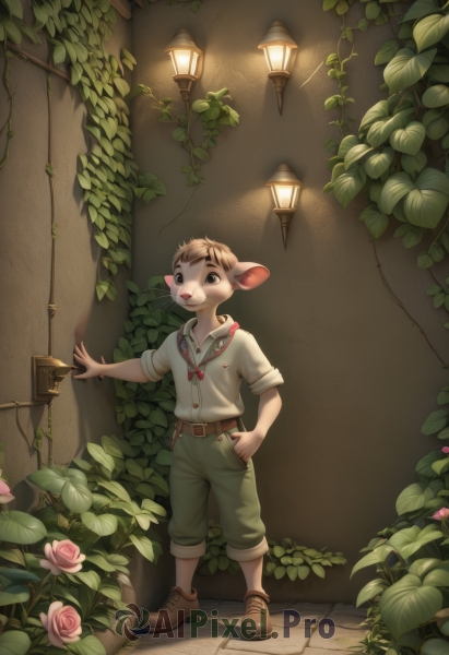 solo,looking at viewer,short hair,open mouth,brown hair,shirt,1boy,animal ears,brown eyes,standing,full body,white shirt,flower,short sleeves,male focus,outdoors,shoes,shorts,teeth,collared shirt,belt,pants,necklace,black eyes,rose,leaf,brown footwear,plant,child,furry,pink flower,sleeves rolled up,lantern,lamp,furry male,male child,vines,pink rose,lamppost,whistle,green pants,light bulb,alley,ivy,smile,artist name,hand in pocket,door,brown belt,animal nose,snout,buck teeth