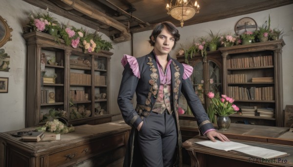 solo,looking at viewer,smile,short hair,bangs,shirt,black hair,long sleeves,1boy,brown eyes,closed mouth,standing,jacket,flower,male focus,cowboy shot,frills,open clothes,pants,indoors,black eyes,vest,lips,black jacket,book,window,rose,chair,black pants,floral print,formal,table,plant,pink flower,desk,pink shirt,hand in pocket,paper,clock,bookshelf,potted plant,lamp,photo (object),pink rose,scroll,shelf,book stack,vase,picture frame,drawer,cabinet,office,globe,inkwell,1girl,coat,open coat,mirror,painting (object),ceiling,portrait (object)