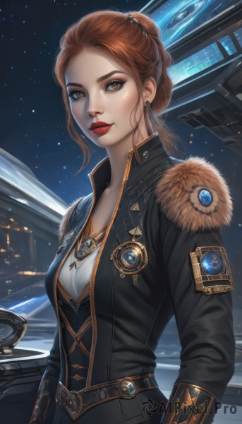 1girl,solo,breasts,looking at viewer,brown hair,gloves,brown eyes,jewelry,medium breasts,jacket,upper body,braid,earrings,sky,belt,necklace,hair bun,lips,coat,black jacket,fur trim,makeup,night,single hair bun,lipstick,star (sky),night sky,starry sky,freckles,science fiction,nose,red lips,spacecraft,long hair,shirt,closed mouth,realistic,space