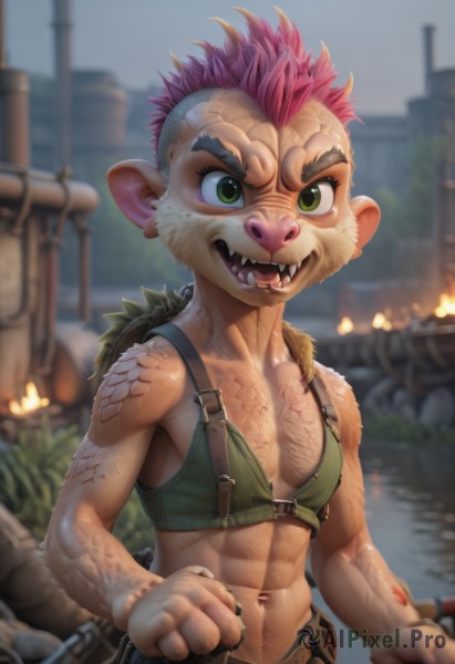 solo,looking at viewer,short hair,open mouth,1boy,navel,green eyes,tail,upper body,weapon,pink hair,male focus,outdoors,teeth,pointy ears,midriff,belt,blurry,muscular,blurry background,chain,fangs,abs,thick eyebrows,fire,pectorals,sharp teeth,furry,clenched hands,green shirt,furry female,furry male,snout,mohawk,buck teeth,furrification,1girl,smile,animal ears,artist name,stomach,bag,colored skin,scar,backpack,veins,dirty,open vest