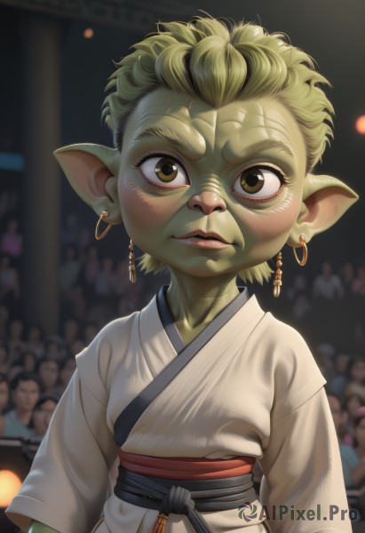 1girl,solo,looking at viewer,blush,short hair,blonde hair,brown eyes,jewelry,upper body,earrings,japanese clothes,solo focus,pointy ears,kimono,blurry,lips,sash,blurry background,colored skin,scar,female child,green skin,dougi,crowd,goblin,yellow eyes,artist name,nose,mohawk