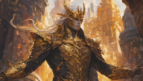 solo,long hair,gloves,1boy,closed mouth,upper body,white hair,male focus,outdoors,armor,floating hair,facial hair,helmet,outstretched arms,shoulder armor,gauntlets,building,pauldrons,gold trim,breastplate,city,fantasy,vambraces,architecture,covered eyes,gold armor,standing,yellow eyes,sky,day,pointy ears,colored skin,outstretched arm,elf,serious,headpiece,scales,white eyes,grey skin,faulds