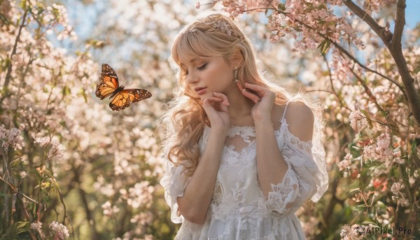 1girl, solo, long hair, blonde hair, hair ornament, dress, jewelry, closed eyes, upper body, flower, earrings, outdoors, day, white dress, blurry, tree, lips, depth of field, blurry background, ring, bug, butterfly, lace trim, lace, realistic, lace-trimmed dress