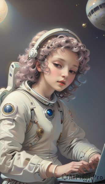 1girl,solo,looking at viewer,short hair,brown hair,long sleeves,brown eyes,upper body,parted lips,artist name,signature,medium hair,black eyes,lips,freckles,science fiction,curly hair,realistic,red lips,space,computer,planet,laptop,earth (planet),spacesuit,space helmet,astronaut,long hair,blush,jewelry,hairband,earrings,bracelet,makeup,watermark,web address,nose,spacecraft