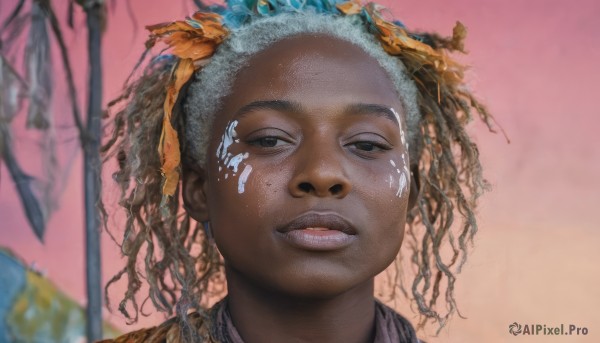 1girl,solo,looking at viewer,smile,brown hair,outdoors,parted lips,teeth,dark skin,blurry,black eyes,dark-skinned female,lips,blurry background,pink background,portrait,freckles,fish,curly hair,realistic,very dark skin,dreadlocks,black hair,hair ornament,brown eyes,tree,depth of field,leaf,half-closed eyes,close-up,facepaint