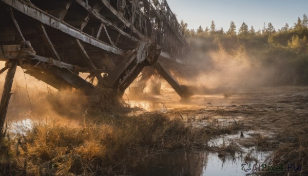 outdoors,sky,day,cloud,water,tree,no humans,sunlight,grass,building,nature,scenery,forest,smoke,reflection,ruins,bridge,river,landscape,fog,solo,blue sky