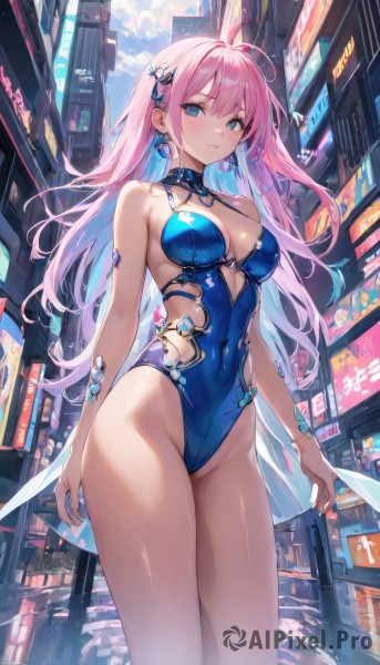 1girl,solo,long hair,breasts,looking at viewer,blush,bangs,blue eyes,large breasts,hair ornament,cleavage,bare shoulders,jewelry,medium breasts,closed mouth,blue hair,standing,swimsuit,pink hair,ahoge,thighs,multicolored hair,cowboy shot,earrings,outdoors,parted lips,sky,water,nail polish,two-tone hair,leotard,groin,one-piece swimsuit,bare arms,bare legs,covered navel,halterneck,highleg,building,highleg leotard,reflection,colored inner hair,city,arms at sides,highleg swimsuit,blue leotard,side cutout,reflective water,day,shiny,shiny hair,collar,bracelet,fingernails,shiny skin,crescent,blue nails,shiny clothes,blue one-piece swimsuit,hoop earrings,cityscape