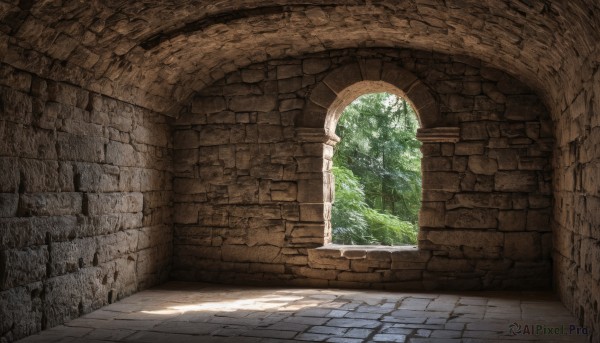 outdoors,day,indoors,tree,no humans,window,shadow,sunlight,plant,nature,scenery,wall,brick wall,pillar,arch,stone wall,light rays,fantasy,ruins,moss,overgrown,column,pavement,stone floor,brick,brick floor